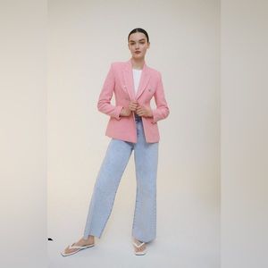 NEW Zara Tailored Houndstooth Blazer Pink Ecru Size XS Fitted Bloggers Favorite